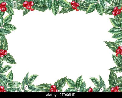 Cornice orizzontale di foglie di ilex verde con mazzo di bacche rosse. Holly se ne va, arbusto sempreverde. Decorazione naturale invernale. Illustrazione acquerello Foto Stock