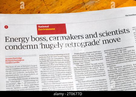 "Il capo dell'energia, i costruttori di automobili e gli scienziati condannano il movimento "estremamente retrogrado" quotidiano Guardian headline ambiente articolo 21 settembre 2023 Londra Regno Unito Foto Stock