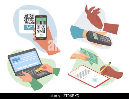 Set di diverse opzioni di pagamento con mani umane Illustrazione Vettoriale