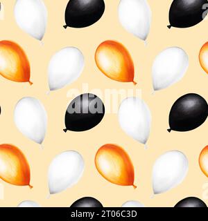 Striscione Halloween senza cuciture ad acquerello con illustrazioni a palloncini. Disegnare a mano uno schizzo di bollatura arancione, nero e bianco isolato su sfondo bianco. Per d Foto Stock