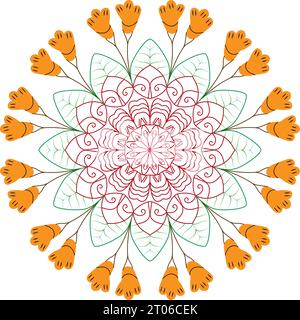 Un colorato motivo a mandala circolare floreale su sfondo bianco. Illustrazione Vettoriale