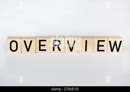 Parola OVEREVIEW fatta da blocchi di costruzione su sfondo bianco Foto Stock