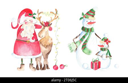 Set di due illustrazioni natalizie con la simpatica famiglia di pupazzi di neve e Babbo Natale con una renna. Illustrazioni ad acquerello disegnate a mano isolate su bianco Foto Stock