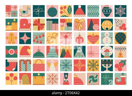 Blocchi di Natale con giocattoli semplici, palle, stella, soldato, albero, candela. Illustrazioni geometriche in stile vintage. Illustrazione Vettoriale