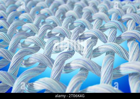 Primo piano della fibra intrecciata di tessuto con superficie ondulata. Ingrandimento estremo delle singole filettature in fibra bianca. Rendering 3d di alta qualità. Foto Stock