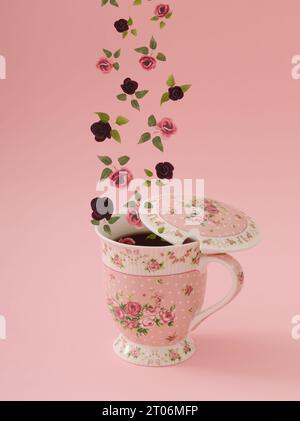 Layout creativo composto da vari fiori che volano fuori da una tazza di tè su uno sfondo rosa chiaro. Tè autunnale minimalista e alla moda. Foto Stock