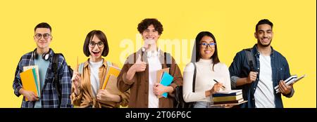 Immagine composita con diversi studenti multietnici felici in posa isolata su sfondo giallo Foto Stock