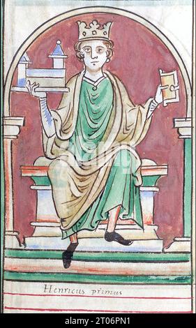 ENRICO i D'INGHILTERRA (c 1068-1135) quarto figlio di Guglielmo il Conquistatore dalla Historia Anglorum di Matthew Parris intorno al 1253. Ha un modello di Reading Abbey, Berkshire, dove è stato sepolto. Foto Stock