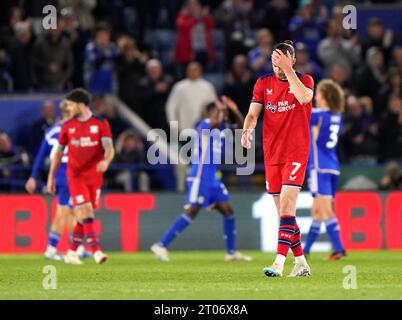 La volontà Keane del Preston North End reagisce dopo il secondo gol del Leicester City, segnato da Kelechi Iheanacho (non nella foto), durante la partita del campionato Sky Bet al King Power Stadium di Leicester. Data foto: Mercoledì 4 ottobre 2023. Foto Stock