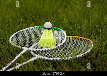 Il badminton ha messo il rubinetto giallo e le racchette adagiate sull'erba verde. Concetto sportivo. Gioco attivo di badminton all'aperto. Attrezzature sportive. Foto Stock