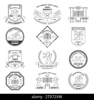 Le etichette universitarie creste sheilds e insignie insieme con il griffin leone e i simboli di formazione del cappello di laurea illustrazione vettoriale isolata Illustrazione Vettoriale