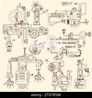 Macchine industriali motori e robot doodles impostare isolato vettore illustrazione Illustrazione Vettoriale