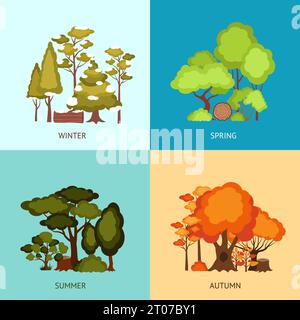 Insieme di concetto di disegno di foresta con alberi in stagioni diverse icone piatte illustrazione vettoriale isolata Illustrazione Vettoriale