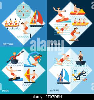 Concetto di design per sport acquatici con divertimento estremo e divertente professionale icone piatte illustrazione vettoriale isolata Illustrazione Vettoriale