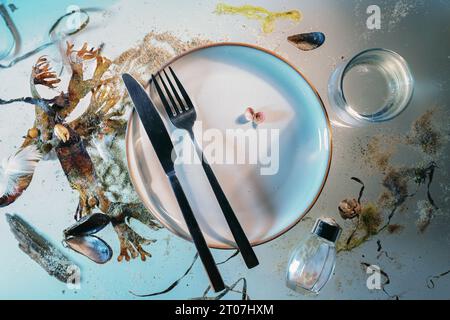 Invito a una cena a base di pesce, piatto con posate, acqua e shaker di sale tra alghe, conchiglie e sabbia disposti come una nuotata su uno sfondo grigio-blu Foto Stock