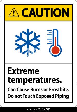 Cartello di attenzione temperature estreme, possono causare ustioni o congelamento, non toccare le tubazioni esposte Illustrazione Vettoriale