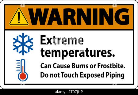 Cartello di avvertenza temperature estreme, possono causare ustioni o congelamento, non toccare le tubazioni esposte Illustrazione Vettoriale
