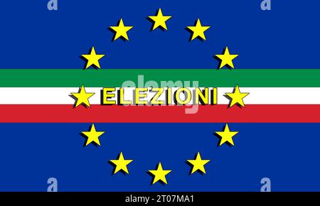 Giornata delle elezioni europee, in Italia con testo italiano e bandiera e logo dell'Unione europea. zona euro, elezioni politiche, parlamento europeo, Foto Stock