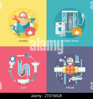 Idraulico che ripara la tubazione e pulisce lavello intasato con stantuffo quattro icone piatte composizione astratta illustrazione vettoriale isolata Illustrazione Vettoriale