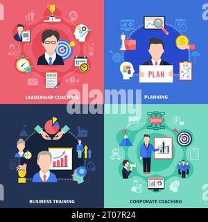 Icone concettuali di coaching impostate con simboli di formazione aziendale piatte e isolate illustrazione vettoriale Illustrazione Vettoriale