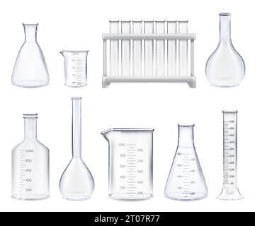 Set di provette realistiche e vaschette di vetro di varie forme con scala di misurazione, illustrazione vettoriale isolata Illustrazione Vettoriale