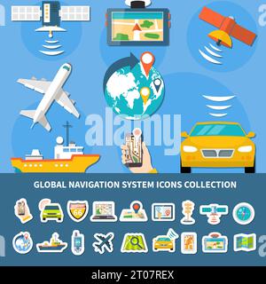 Raccolta di icone isolate del sistema di navigazione globale con composizione di immagini piatte di veicoli e dispositivi equipaggiati illustrazione vettoriale Illustrazione Vettoriale