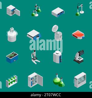 Attrezzature scientifiche da laboratorio icone isometriche con strumenti per la ricerca naturale e dispositivi altamente tecnologici illustrazione vettoriale isolata Illustrazione Vettoriale