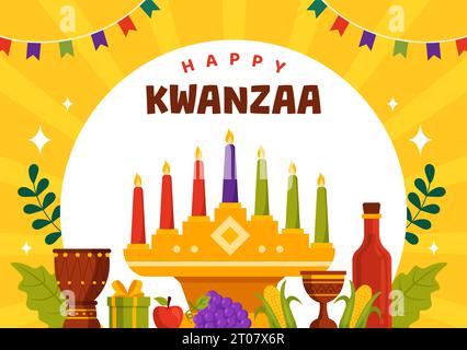 Happy Kwanzaa Vector Illustration con Mazao, Zawadi, Mkeka, Kinara, regali, tazza, candele nel tradizionale simbolo africano delle festività, sfondo piatto di cartone animato Illustrazione Vettoriale