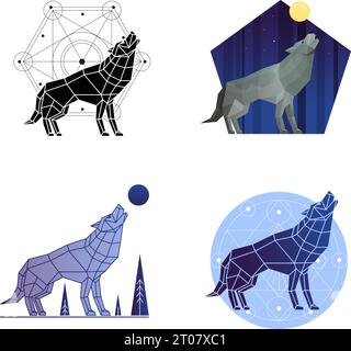 Le icone e gli emblemi 2x2 del lupo howling in stili differenti impostano l'illustrazione vettoriale isolata poligonale Illustrazione Vettoriale