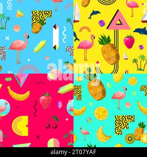 Motivi poligonali senza cuciture decorativi composizione di 4 quadrati con frutti tropicali fenicottero rosa e delfino illustrazione vettoriale astratta Illustrazione Vettoriale
