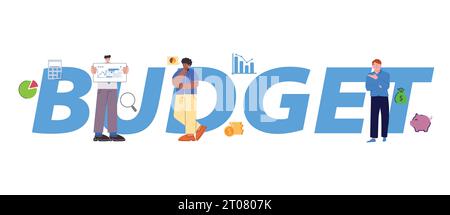 Budget pianificazione finanziaria gestione del denaro concetto di reddito testo tipografia di colore blu Illustrazione Vettoriale