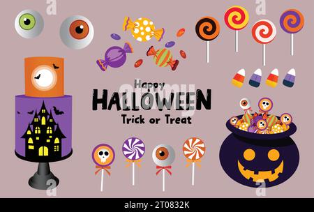 Halloween trick or Treat elements design vettoriale. Happy halloween caramelle, lecca-lecca, oculari, lanterna e calderone alle streghe. Illustrazione Vettoriale