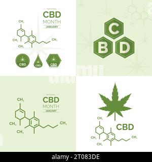 Set di icone cbd, illustrazione vettoriale del logo molecolare di cannabis isolato sullo sfondo Illustrazione Vettoriale
