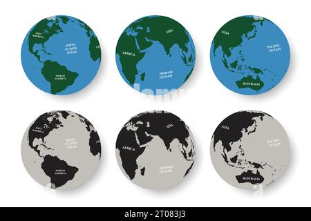 Set di icone del globo terrestre, continenti terrestri colorati e sagomati, illustrazione vettoriale della mappa del mondo Illustrazione Vettoriale