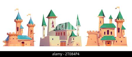 Set di cartoni animati di castelli medievali isolati su sfondo bianco. Illustrazione vettoriale di antichi palazzi reali con tetti verdi e blu, torri con bandiere in cima, finestre e porte gotiche, fortezza da favola Illustrazione Vettoriale