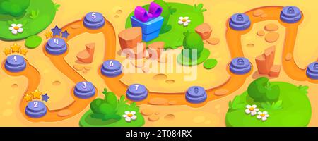 Mappa stradale del gioco con indicatori di livello. Deserto di sabbia con erba verde e isole di piante, confezione regalo con prua, sentiero con piattaforma in pietra per ogni palco. Illustrazione vettoriale dei cartoni animati del design della gui. Illustrazione Vettoriale