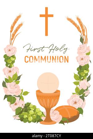 Simboli della prima comunione. Vettore. Ciotola dorata per vino, crocifisso, pane, vino, uva, rose bianche. Un invito a celebrare l'Eucaristia. Fe Illustrazione Vettoriale
