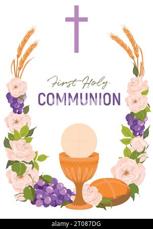 Simboli della prima comunione. Vettore. Ciotola dorata per vino, crocifisso, pane, vino, uva, rose bianche. Un invito a celebrare l'Eucaristia. Fe Illustrazione Vettoriale