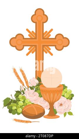Simboli della prima comunione. Vettore. Ciotola dorata per vino, crocifisso, pane, vino, uva, rose bianche. Elementi per un design accattivante. Fe Illustrazione Vettoriale