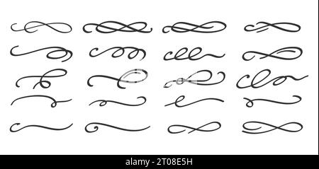 Swoosh e Swoops hanno una doppia forma di coda tipografica sottolineata. Il pennello ha disegnato spessi strisci curvi. Raccolta di ricci, ciuffi, strizzacervelli Illustrazione Vettoriale