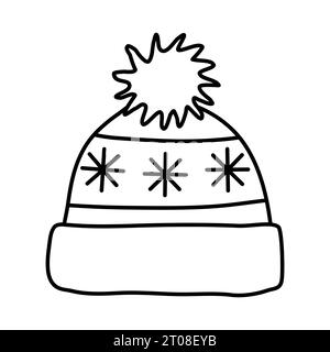 Cappello invernale lavorato a maglia con pompon e fiocchi di neve, illustrazione vettoriale piatta in stile doodle per il libro da colorare dei bambini Illustrazione Vettoriale