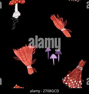 Modello senza cuciture. Pozioni a base di erbe essiccate, fiori secchi, agarici di mosca e toadstool viola. Carta da imballaggio per Halloween. Decorazioni autunnali. Acqua Foto Stock