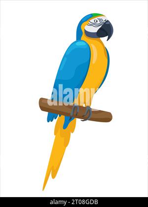 Brillante macaw. Cartoon Funny ara Parrot seduto su un ramo. Uccello esotico piatto colorato. Illustrazione vettoriale su sfondo bianco. Ottimo per le T-shirt Illustrazione Vettoriale