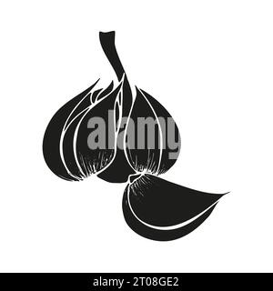 Silhouette nera di aglio con chiodi di garofano, disegno a mano con icone, isolato su sfondo bianco. Illustrazione vettoriale Illustrazione Vettoriale