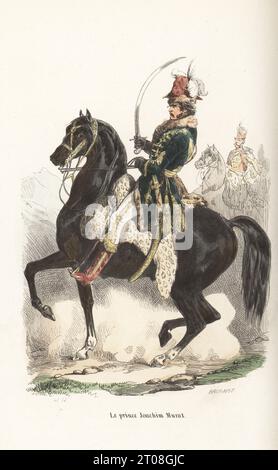 Joachim Murat, comandante militare e statista francese, 1767-1815. In cappotto verde con fodera in pelliccia e rana dorata, pantaloni bianchi e stivali rossi, armati di sciabola. Cavallo in sciabola di pelle leopardata. Le Prince Joachim Murat. Taglio in legno a mano di Brugnot dopo un’illustrazione di Hippolyte Bellangé da P.M. Laurent de l’Ardeche’s Histoire de Napoleon, Parigi, 1840. Foto Stock