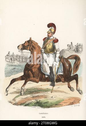 Carabiniere a cavallo francese con una lettera, 1812. Casco in ottone con cresta o ciniglia, corazza in ottone, cappotto bianco e pantaloncini, spalline rosse, stivali. Armati di spada dritta. Mouton Shabrack. 2° reggimento Carabinieri. Xilografia a mano di Andrew Best Leloir dopo un'illustrazione di Hippolyte Bellangé da P.M. Laurent de l'Ardeche's Histoire de Napoleon, Parigi, 1840. Foto Stock