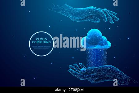 Uomo d'affari che offre servizi di cloud computing. Sistema di cloud computing Illustrazione Vettoriale