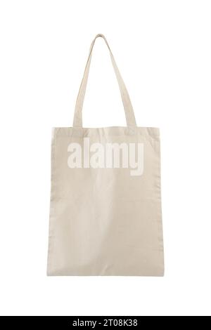 Tessuto in cotone, sacco in lino, borsa tote isolata su sfondo bianco. Borsa per la spesa riutilizzabile beige, mockup, modello per design, copia spac Foto Stock