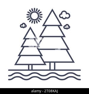 Icone lineari di un albero di Natale e del sole, un massiccio della foresta, un'area ricreativa all'aperto. L'illustrazione lineare vettoriale isola Illustrazione Vettoriale