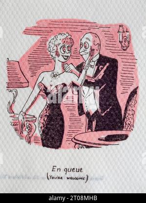 Tovagliolo da cartone animato degli anni '1950 - scherzo in lingua francese - in coda - sei il benvenuto Foto Stock